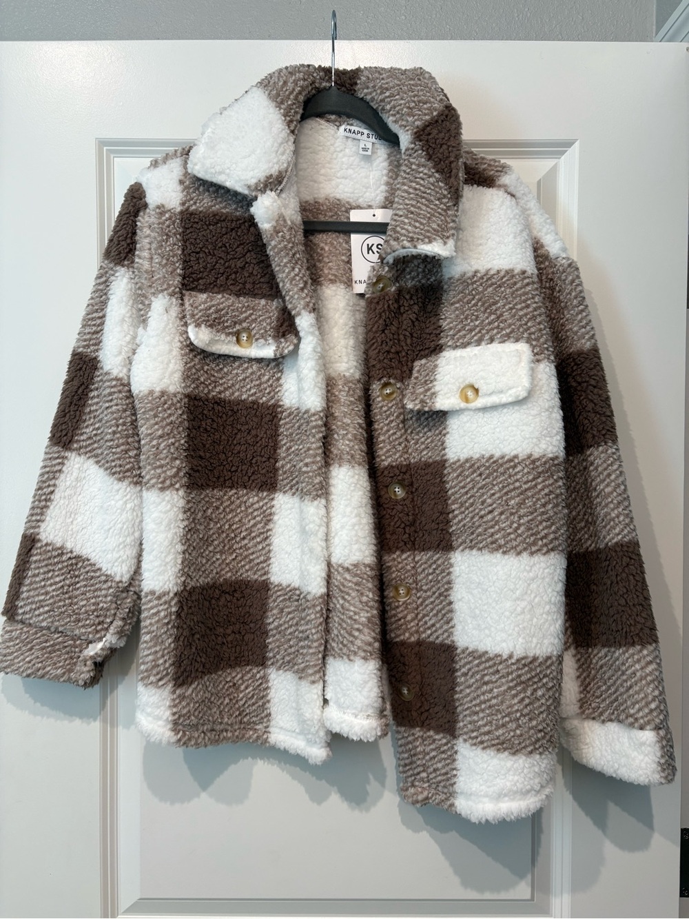 NWT Knapp Studio Brown & White Plaid Sherpa Jacket Women Large Fall Warm Fleece